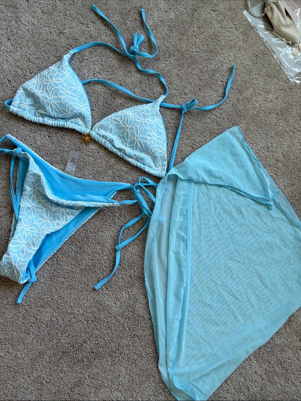 SHEIN Light Blue Floral Triangle Bikini Set with Sheer Sarong